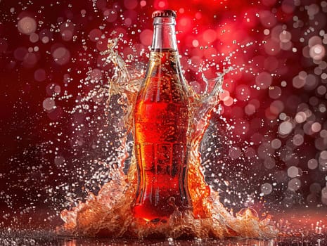 Delicious Cola photography, explosion flavors, studio lighting, studio background well-lit vibrant colors, sharp-focus, high-quality, artistic, unique. Cola in original glass with straw and ice cubes