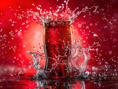 Delicious Cola photography, explosion flavors, studio lighting, studio background well-lit vibrant colors, sharp-focus, high-quality, artistic, unique. Cola in original glass with straw and ice cubes