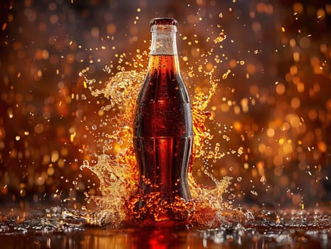 Delicious Cola photography, explosion flavors, studio lighting, studio background well-lit vibrant colors, sharp-focus, high-quality, artistic, unique. Cola in original glass with straw and ice cubes