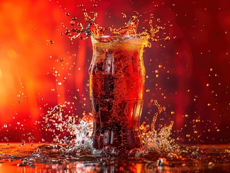 Delicious Cola photography, explosion flavors, studio lighting, studio background well-lit vibrant colors, sharp-focus, high-quality, artistic, unique. Cola in original glass with straw and ice cubes