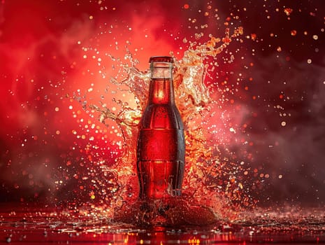 Delicious Cola photography, explosion flavors, studio lighting, studio background well-lit vibrant colors, sharp-focus, high-quality, artistic, unique. Cola in original glass with straw and ice cubes