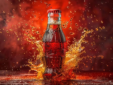 Delicious Cola photography, explosion flavors, studio lighting, studio background well-lit vibrant colors, sharp-focus, high-quality, artistic, unique. Cola in original glass with straw and ice cubes