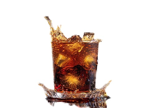 Delicious Cola photography, explosion flavors, studio lighting, studio background well-lit vibrant colors, sharp-focus, high-quality, artistic, unique. Cola in original glass with straw and ice cubes