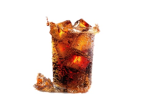 Delicious Cola photography, explosion flavors, studio lighting, studio background well-lit vibrant colors, sharp-focus, high-quality, artistic, unique. Cola in original glass with straw and ice cubes