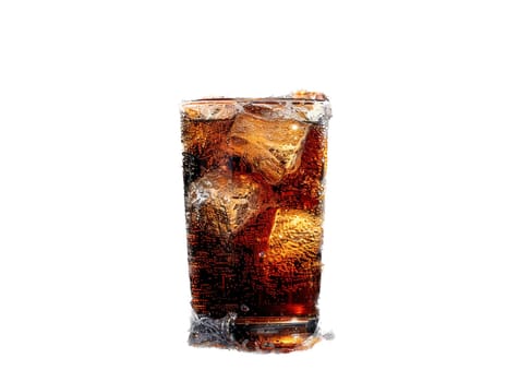 Delicious Cola photography, explosion flavors, studio lighting, studio background well-lit vibrant colors, sharp-focus, high-quality, artistic, unique. Cola in original glass with straw and ice cubes