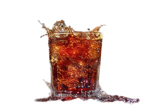 Delicious Cola photography, explosion flavors, studio lighting, studio background well-lit vibrant colors, sharp-focus, high-quality, artistic, unique. Cola in original glass with straw and ice cubes