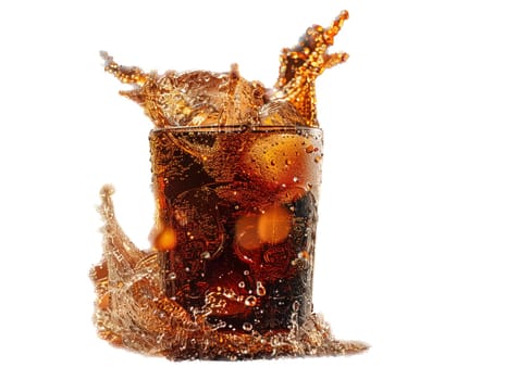 Delicious Cola photography, explosion flavors, studio lighting, studio background well-lit vibrant colors, sharp-focus, high-quality, artistic, unique. Cola in original glass with straw and ice cubes