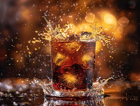 Delicious Cola photography, explosion flavors, studio lighting, studio background well-lit vibrant colors, sharp-focus, high-quality, artistic, unique. Cola in original glass with straw and ice cubes