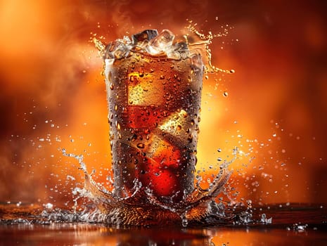 Delicious Cola photography, explosion flavors, studio lighting, studio background well-lit vibrant colors, sharp-focus, high-quality, artistic, unique. Cola in original glass with straw and ice cubes