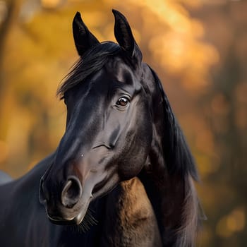A closeup portrait of a majestic black horse gazing at the camera with a curious expression, showcasing its glossy coat and long eyelashes against a beautiful sky backdrop