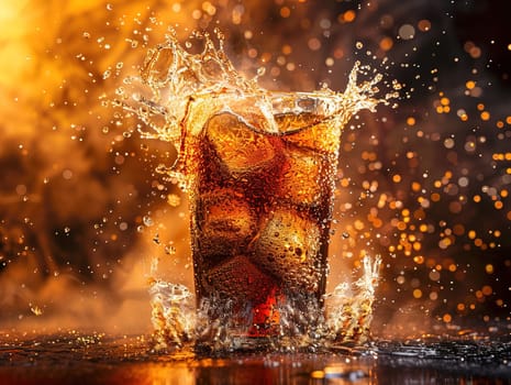 Delicious Cola photography, explosion flavors, studio lighting, studio background well-lit vibrant colors, sharp-focus, high-quality, artistic, unique. Cola in original glass with straw and ice cubes