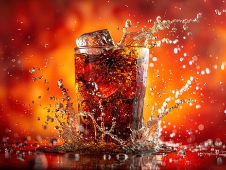 Delicious Cola photography, explosion flavors, studio lighting, studio background well-lit vibrant colors, sharp-focus, high-quality, artistic, unique. Cola in original glass with straw and ice cubes