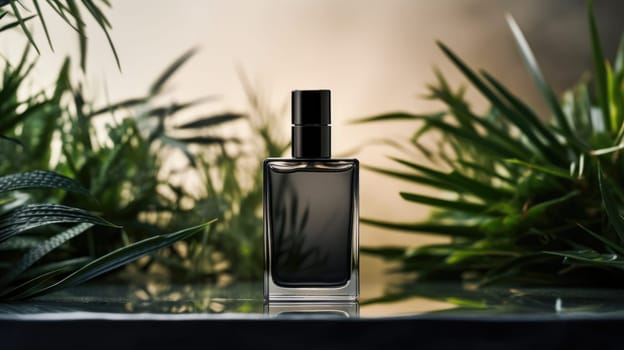 Transparent black glass perfume bottle mockup with plants on background. Eau de toilette. Mockup, spring flat lay