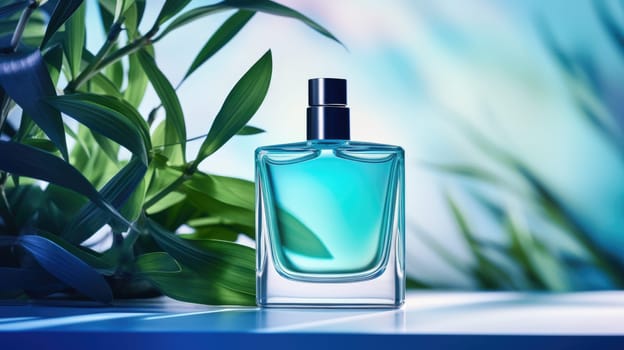 Transparent blue glass perfume bottle mockup with plants on background. Eau de toilette. Mockup, spring flat lay