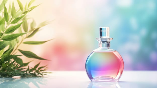 Transparent rainbow glass perfume bottle mockup with plants on background. Eau de toilette. Mockup, spring flat lay