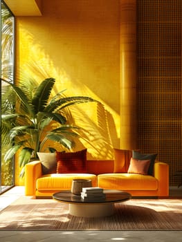 A cozy living room with a yellow couch and a wooden coffee table. The room features hardwood flooring and plants that add a touch of shade and comfort