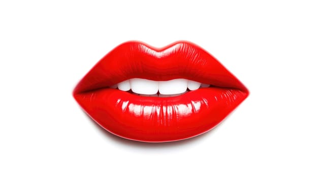 3D realistic smiling glossy red lips on white. cosmetic, fashion, and romantic designs. Open mouth with teeth, lipstick promotion