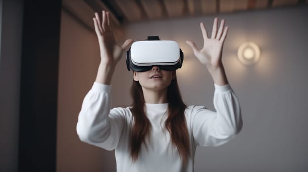 Happy woman with VR glasses of virtual reality. Future technology concept