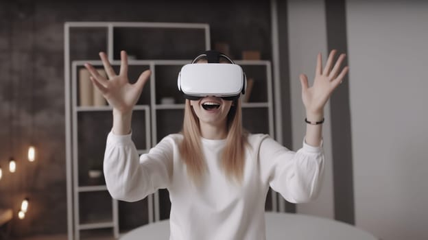 Happy woman with VR glasses of virtual reality. Future technology concept
