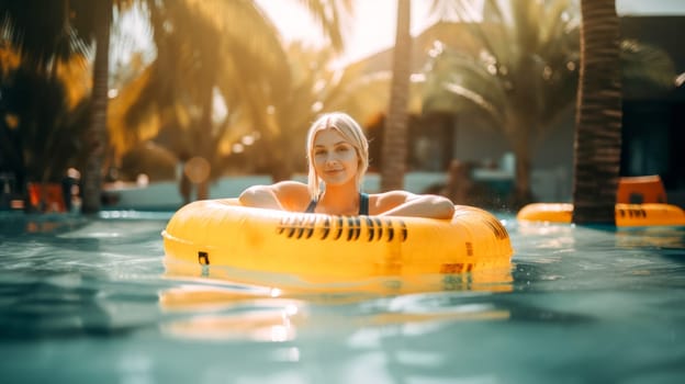 Smiling blond female in swimsuit swimming on inflatable ring in pool. Summer fun in pool, vacation concept. Generative ai