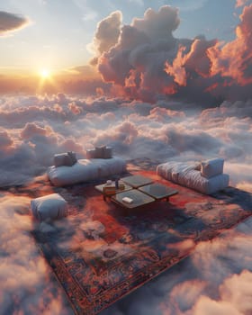 A surreal living room in the clouds, where furniture and a rug float in the atmosphere, overlooking a stunning natural landscape with a sunset horizon