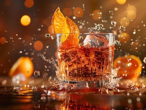 Fresh cocktail with orange and ice. Delicious Screwdriver cocktail photography, explosion flavors studio lighting, studio background, well-lit vibrant colors, sharp-focus, high-quality, artistic, unique