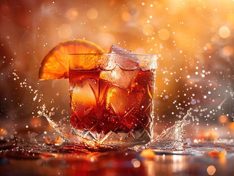 Fresh cocktail with orange and ice. Delicious Screwdriver cocktail photography, explosion flavors studio lighting, studio background, well-lit vibrant colors, sharp-focus, high-quality, artistic, unique