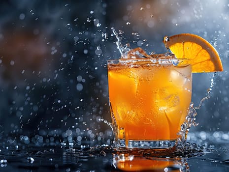 Fresh cocktail with orange and ice. Delicious Screwdriver cocktail photography, explosion flavors studio lighting, studio background, well-lit vibrant colors, sharp-focus, high-quality, artistic, unique