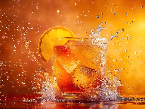 Fresh cocktail with orange and ice. Delicious Screwdriver cocktail photography, explosion flavors studio lighting, studio background, well-lit vibrant colors, sharp-focus, high-quality, artistic, unique