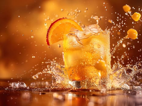 Fresh cocktail with orange and ice. Delicious Screwdriver cocktail photography, explosion flavors studio lighting, studio background, well-lit vibrant colors, sharp-focus, high-quality, artistic, unique