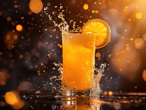 Fresh cocktail with orange and ice. Delicious Screwdriver cocktail photography, explosion flavors studio lighting, studio background, well-lit vibrant colors, sharp-focus, high-quality, artistic, unique