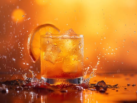 Fresh cocktail with orange and ice. Delicious Screwdriver cocktail photography, explosion flavors studio lighting, studio background, well-lit vibrant colors, sharp-focus, high-quality, artistic, unique