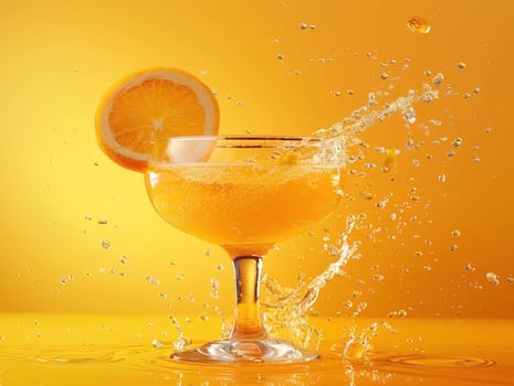 Fresh cocktail with orange and ice. Delicious Screwdriver cocktail photography, explosion flavors studio lighting, studio background, well-lit vibrant colors, sharp-focus, high-quality, artistic, unique