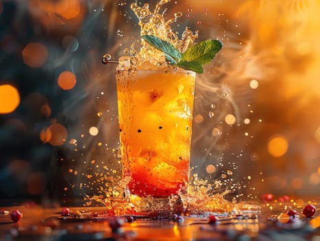 Fresh cocktail with orange and ice. Delicious Screwdriver cocktail photography, explosion flavors studio lighting, studio background, well-lit vibrant colors, sharp-focus, high-quality, artistic, unique