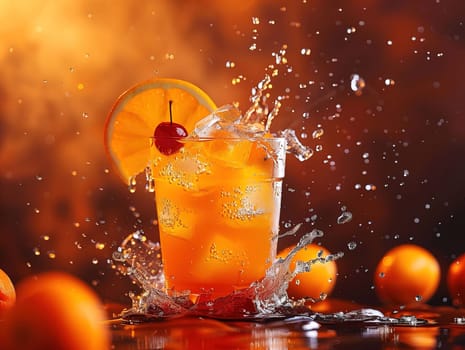 Fresh cocktail with orange and ice. Delicious Screwdriver cocktail photography, explosion flavors studio lighting, studio background, well-lit vibrant colors, sharp-focus, high-quality, artistic, unique