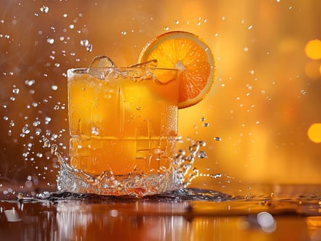 Fresh cocktail with orange and ice. Delicious Screwdriver cocktail photography, explosion flavors studio lighting, studio background, well-lit vibrant colors, sharp-focus, high-quality, artistic, unique