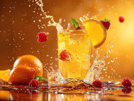 Fresh cocktail with orange and ice. Delicious Screwdriver cocktail photography, explosion flavors studio lighting, studio background, well-lit vibrant colors, sharp-focus, high-quality, artistic, unique