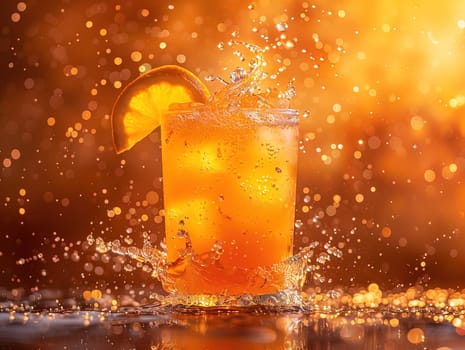 Fresh cocktail with orange and ice. Delicious Screwdriver cocktail photography, explosion flavors studio lighting, studio background, well-lit vibrant colors, sharp-focus, high-quality, artistic, unique