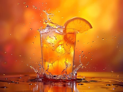 Fresh cocktail with orange and ice. Delicious Screwdriver cocktail photography, explosion flavors studio lighting, studio background, well-lit vibrant colors, sharp-focus, high-quality, artistic, unique