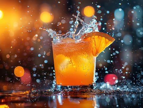 Fresh cocktail with orange and ice. Delicious Screwdriver cocktail photography, explosion flavors studio lighting, studio background, well-lit vibrant colors, sharp-focus, high-quality, artistic, unique