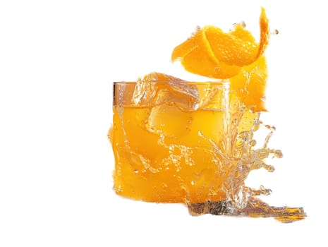 Fresh cocktail with orange and ice. Delicious Screwdriver cocktail photography, explosion flavors studio lighting, studio background, well-lit vibrant colors, sharp-focus, high-quality, artistic, unique