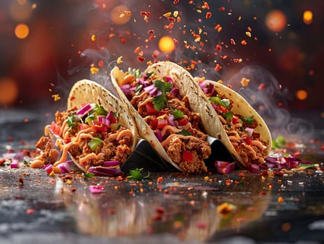 Delicious tacos photography, explosion flavors, studio lighting studio background, well-lit vibrant colors, sharp-focus, high-quality, artistic, unique, mexican food in Mexico Latin America