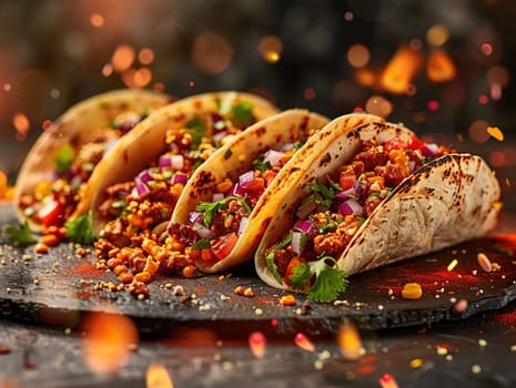 Delicious tacos photography, explosion flavors, studio lighting studio background, well-lit vibrant colors, sharp-focus, high-quality, artistic, unique, mexican food in Mexico Latin America