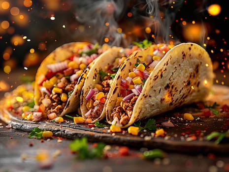 Delicious tacos photography, explosion flavors, studio lighting studio background, well-lit vibrant colors, sharp-focus, high-quality, artistic, unique, mexican food in Mexico Latin America