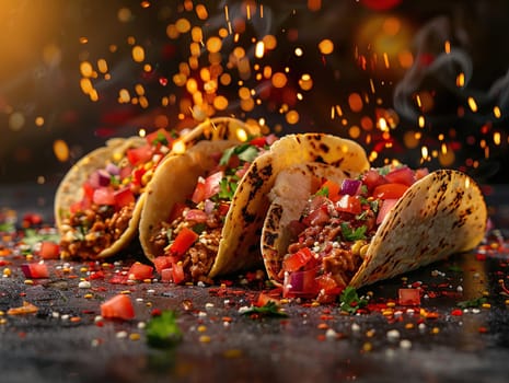 Delicious tacos photography, explosion flavors, studio lighting studio background, well-lit vibrant colors, sharp-focus, high-quality, artistic, unique, mexican food in Mexico Latin America