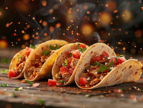 Delicious tacos photography, explosion flavors, studio lighting studio background, well-lit vibrant colors, sharp-focus, high-quality, artistic, unique, mexican food in Mexico Latin America