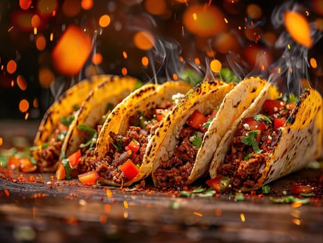 Delicious tacos photography, explosion flavors, studio lighting studio background, well-lit vibrant colors, sharp-focus, high-quality, artistic, unique, mexican food in Mexico Latin America