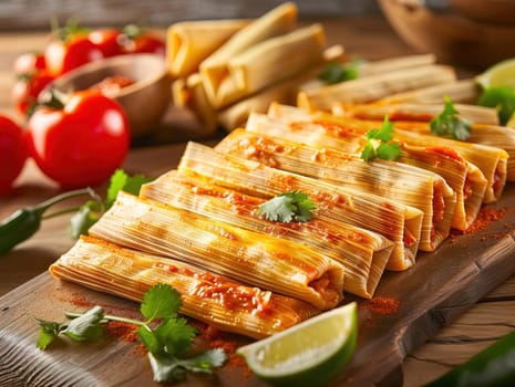 Tamales. Prehispanic dish typical of Mexico. Delicious tamales photography, explosion flavors, studio lighting, studio background, well-lit, vibrant colors, sharp-focus, high-quality, artistic, unique