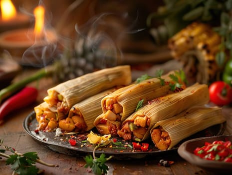 Tamales. Prehispanic dish typical of Mexico. Delicious tamales photography, explosion flavors, studio lighting, studio background, well-lit, vibrant colors, sharp-focus, high-quality, artistic, unique