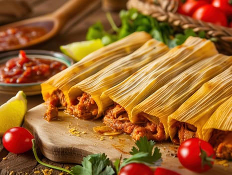 Tamales. Prehispanic dish typical of Mexico. Delicious tamales photography, explosion flavors, studio lighting, studio background, well-lit, vibrant colors, sharp-focus, high-quality, artistic, unique